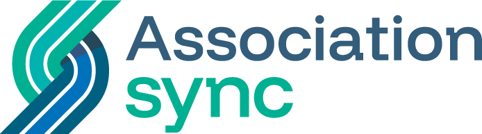 Association Sync logo featuring interwoven blue and teal curved lines forming a stylized "S" shape to the left of the text "Association Sync" with the word "Sync" below.